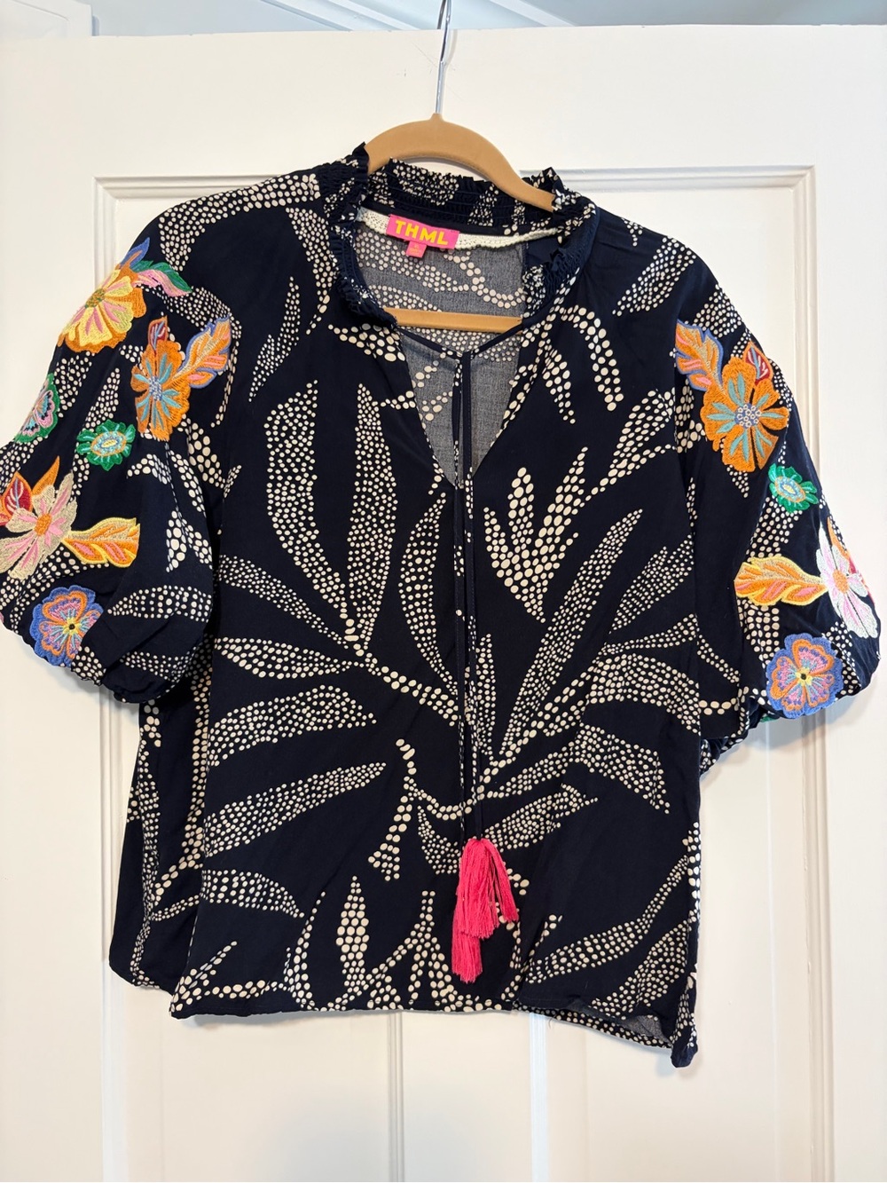 THML Navy Embroidered Floral Short Sleeve Blouse with Pink Tassel